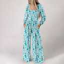 RONGTAI Womens Jumpsuit Casual Loose Overalls One Piece Long Sleeve Floral Printed Wide Leg Pant Rompers With Pockets (Blue, S)