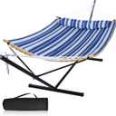 12 Ft Hammock with Stand for Outside, 2 Person Hammock Freestanding with Curved Spreader Bars, Pillow and Portable Bag, Heavy Duty 450 Lbs, Blue Stripes