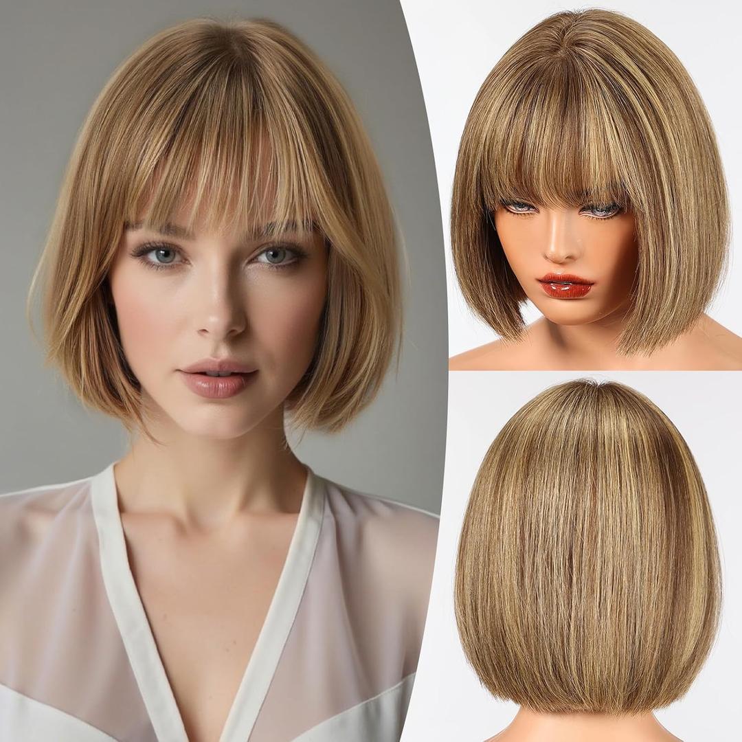 EMMOR 100% Human Hair Wig for Women - 10 Inch Shoulder Length Bob Cut with Bangs & Breathable Cap, Natural Looking for Daily Wear(Mixed Brown)