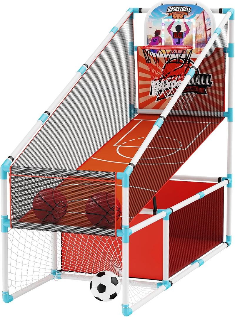 2 in 1 Kids Arcade Basketball Hoop &Soccer Goal,LED Lights Electronic Scoreboard, Adjustable Height Basketball Game Set,Indoor Outdoor Sport Toys Gift Toddlers Boys Girls Ages 3-12 Home Party