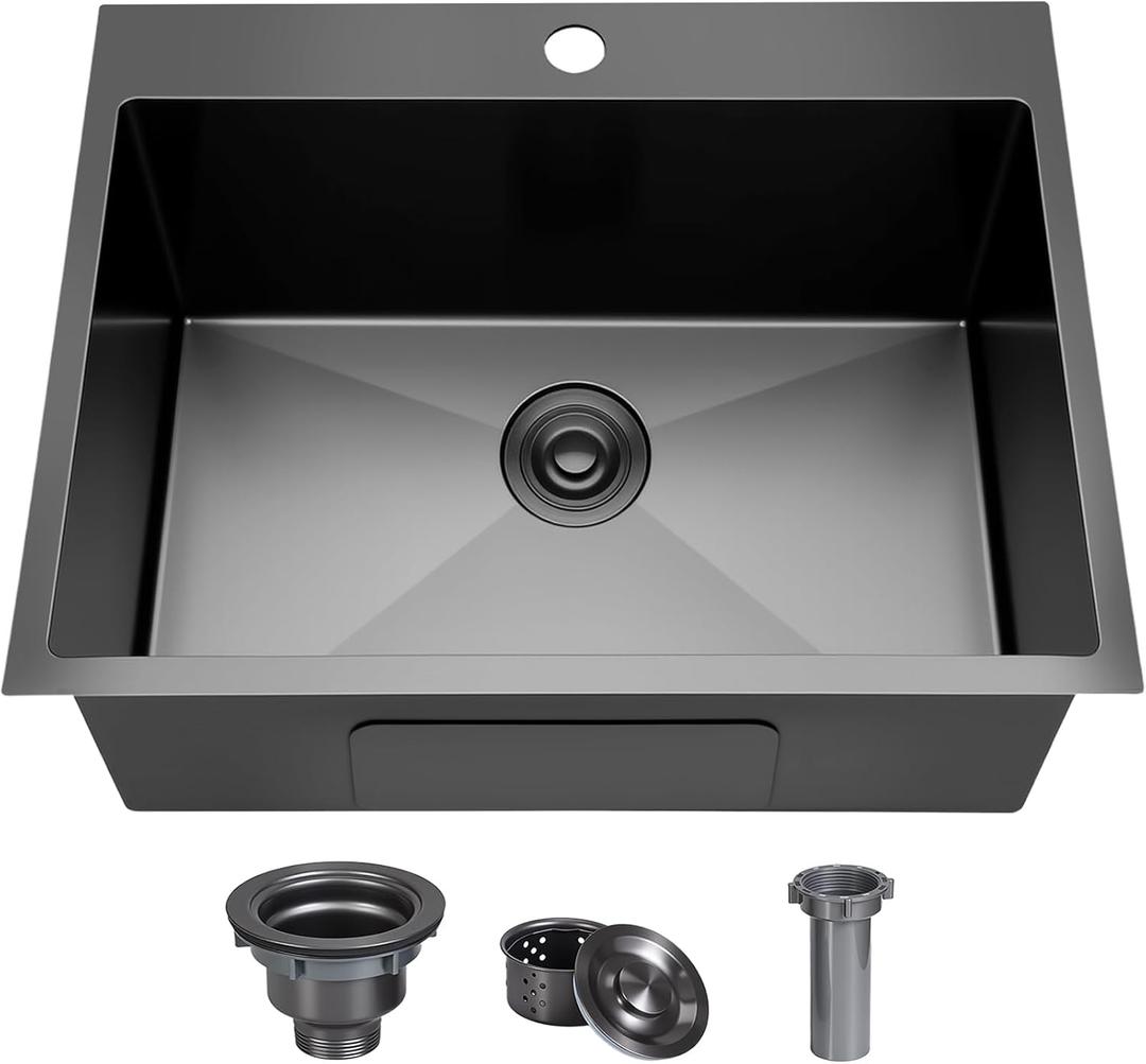 24x18 Inch Black Drop in Kitchen Sink, 9 Inch Deep Gunmetal Black 16 Gauge SUS304 Stainless Steel Top Mount Bar RV Laundry Utility Sink, Handmade Single Bowl Small Kitchen Sink with Strainer, 24x18x9inch Drop in