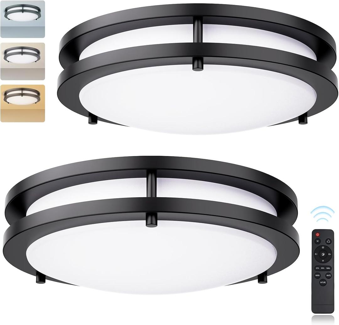 Kalium LED Ceiling Light with Remote 2 Pack 13 Inch Flush Mount Ceiling Light Fixture,24W 3000K-6000K Adjustable Color Temperature,Dimmable Lighting Fixtures for Kitchen Bedroom Hardwired Installation (2Pack Matte Black)