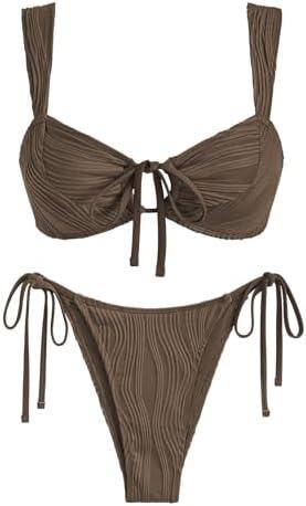 ZAFUL Women's Cinched Bikini Solid Color Wave Textured Knotted Tied Side Two Piece Swimsuit Bathing Suits Small