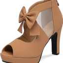 GATUXUS Open Toe Women Platform High Heel Shoes Bows Strappy Sandals (10, Khaki)