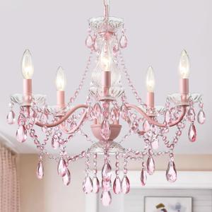 AMZASA Modern Crystal Pink Chandelier, Not Acrylic Crystal,Pink Crystals Hanging Pendant Light for Girls Room,Ceiling Medallions, Farmhouse Glass Chandelier for Wedding, Kitchen, Dining,Foyer,Island (Not plug-in PNIK)