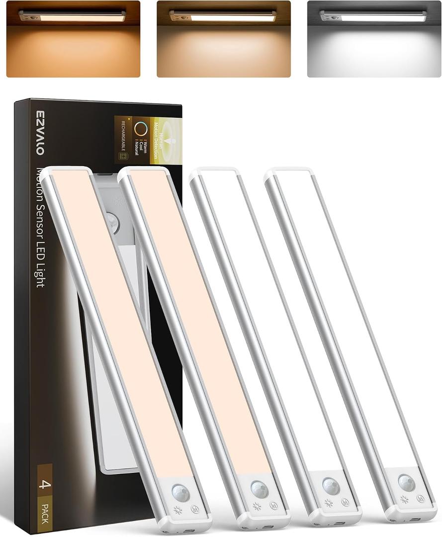 EZVALO 4-Pack Under Cabinet Lighting, 12-inch Motion Sensor Light, 2400mAh Rechargeable, 3 Color Temperatures, Dimmable, Magnetic Wireless Lighting for Kitchen, Closet, Pantry, Stairs, 11.8 Inch