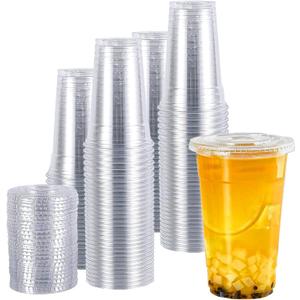 TashiBox plastic cups with lids [24 oz 100cups&100flat lids],Clear Crystal disposable plastic cups,smoothie cups