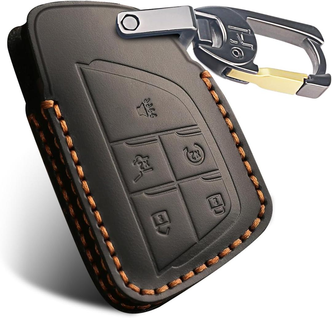 Genuine Leather Key Fob Cover for Chevy, Smart Fob Cover Case Compatible with 2021/2022/2023/2024/2025 GMC Yukon Denali Sierra Chevrolet Tahoe Suburban Silverado Buick (Black, 5 Button)