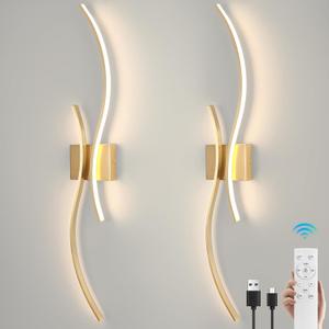 Battery Operated Wall Sconces with Remote Control, Rechargeable Dimmable Touch Wall Sconces Set of Two, 3000K-6500K LED Wireless Wall Light for Living Room Bedroom Hallway,31.5inch(Gold)
