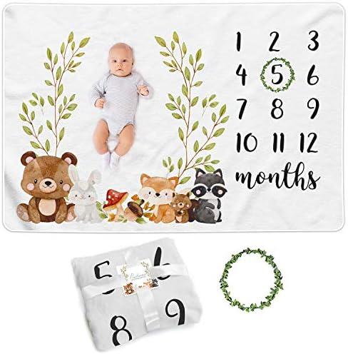 Paishanas Baby Monthly Milestone Blanket Woodland Boy Girl Gender Neutral Gift for Baby Shower Photo Blanket for Newborn Picture Wreath Included Soft Flannel Blanket