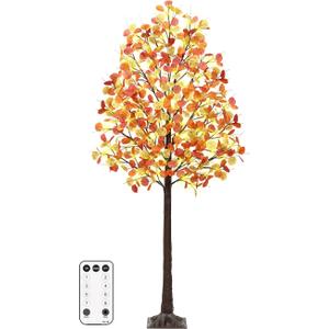 Remon 6FT Lighted Fall Tree - Artificial Fall Light Up Eucalyptus Tree with 130 Lights, 390 Leaves, Remote 8 Flashing Modes, Timing for Thanksgiving Autumn Harvest Indoor Outdoor Decorations