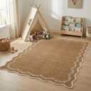GarveeHome 4x6 Brown Scalloped Washable Area Rug for Nursery Room, Solid Floral Soft Nursery Rug Non Slip Low Pile Small Carpet Stain Resistant Throw Rug for Dorm Kids Room Office Dining Room