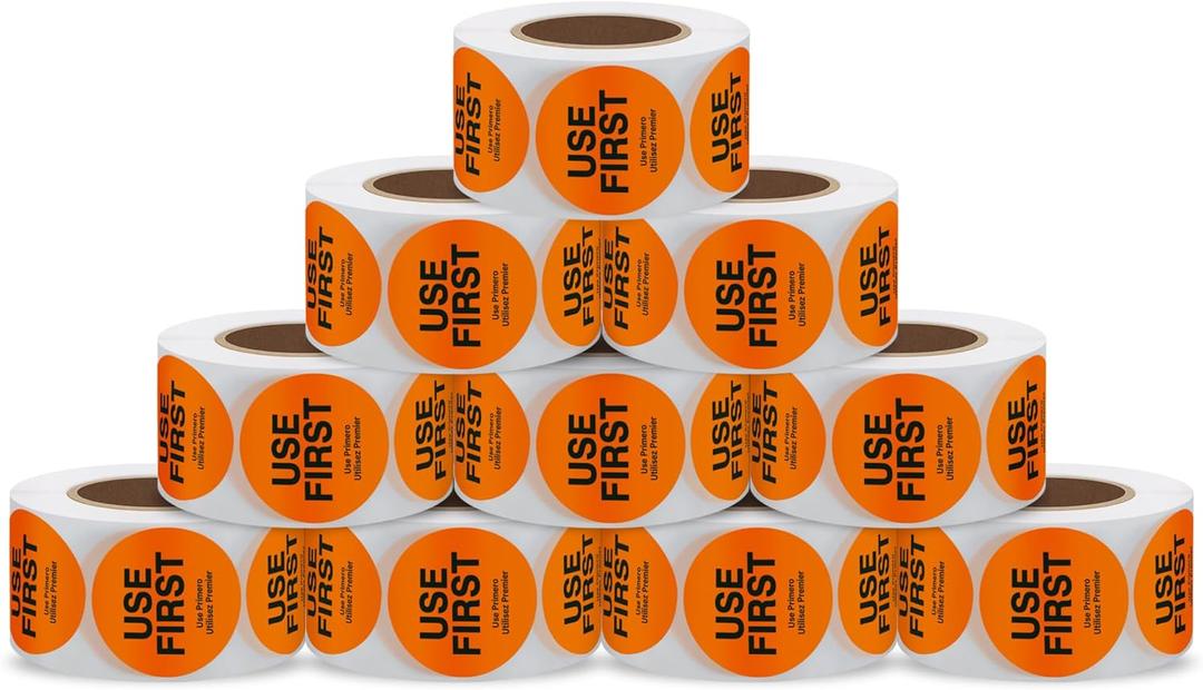 1.5 Inch USE First Stickers Food Service Inventory Control Labels Trilingual Product Labels Orange - 500 Stickers Per Roll (10 Rolls)