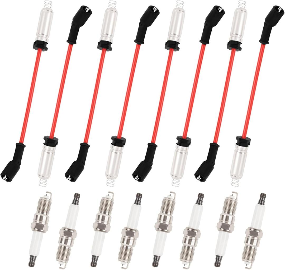 9748HH 10mm Spark Plug Wires with Heat Shields + 41-962 Iridium Platinum Spark Plugs Compatible with 99-06 Escalade Silverado Suburban Tahoe Sierra Yukon 4.8 5.3 6.0L, Red
