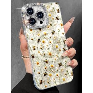 Toycamp for iPhone 15 ProMax Case - Compatible with Magsafe Aesthetic Cute Holographic i 15 Pro Max Case with Diamond Bling Lens Protector for Apple 15ProMax Cover for Women Girls, WH Flower Bee