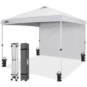 EAGLE PEAK Pop Up Canopy Tent with 1 Sidewall, Easy Setup Event Tent, Outdoor Sun Shade, Wheeled Carry Bag, Stakes and Guy Ropes, Instant Canopy 10x10, White