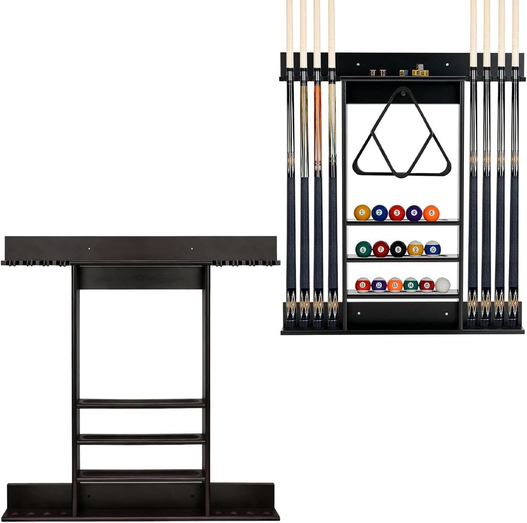 Pool Stick Holder Wall Mounted Pool Cue Rack for 8 Cues, Solid Wood Billiard Stick Holder with Accessory Shelf, Heavy Duty Game Room Organizer for Man Cave, Bar, Home Pub, Rich Black Finish