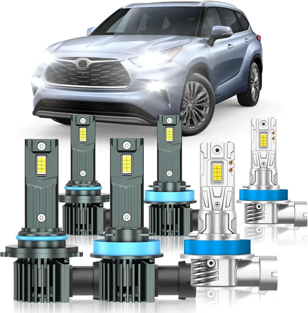 Fit for Toyota Highlander 2014-2022 Light Bulbs, High/Low Beam Fog Light Bulbs Combo, 800% Brightness, 6000K Cool White, Plug and Play, Pack of 6