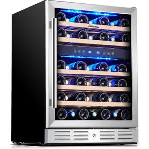 Kalamera 24 inch Cooler, 46 Bottle - Dual Zone Built-in or Freestanding Fridge with Stainless Steel Reversible Glass Door, for Home, Kitchen, or Office.