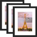 upsimples 8.5x11 Picture Frame Set of 3, Made of High Definition Glass for 6x8 with Mat or 8.5x11 Without Mat, Wall and Tabletop Display Photo Frames, Black