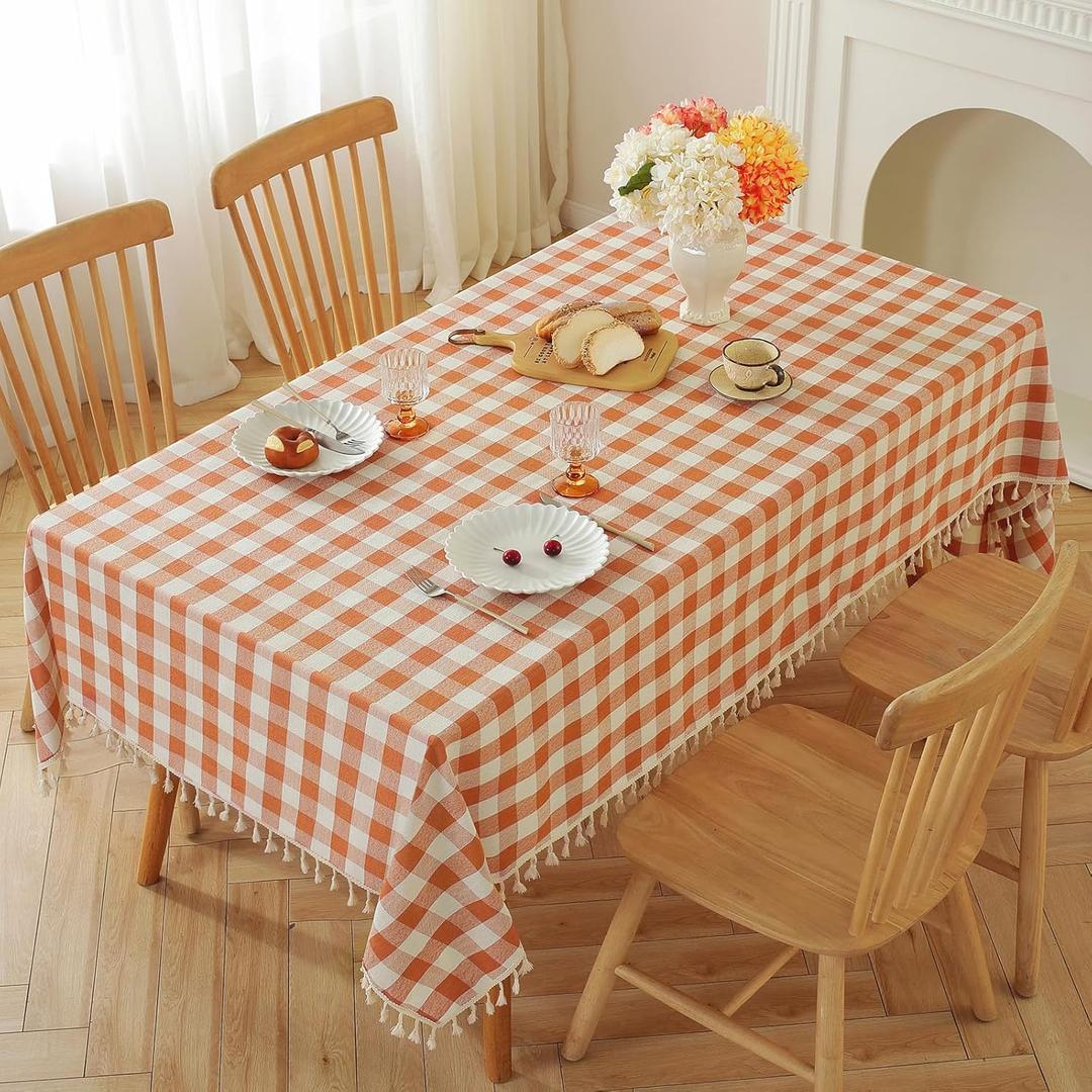 Alsoo Checkered Tablecloth Rectangle Cotton Linen Fabric Fall Gingham Table Cloth Heavy Duty Buffalo Plaid Table Cover with Tassel Washable for Kitchen Dining Thanksgiving Party, Orange, 55X75''