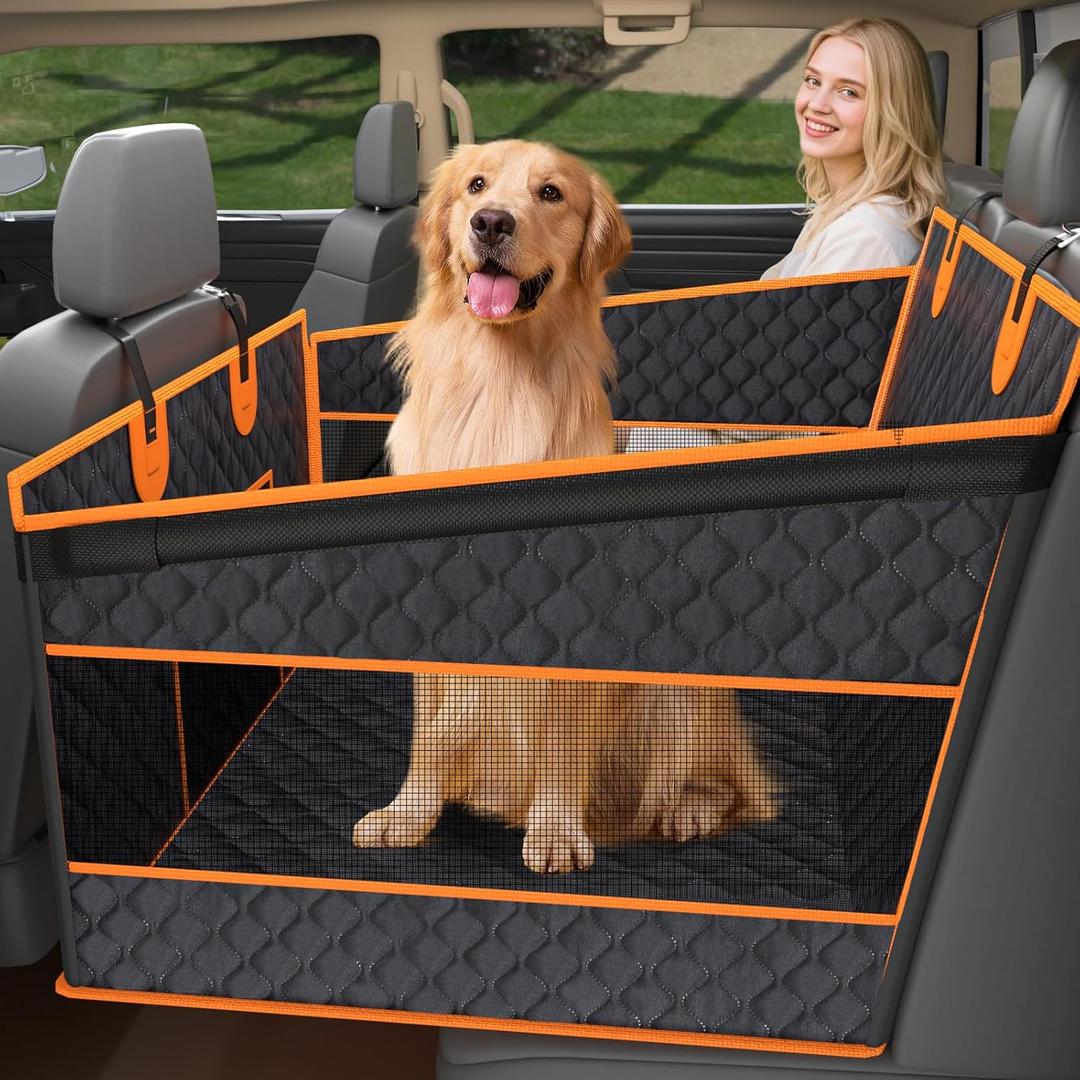 Toffos Dog Car Seat, Extra Stable Backseat Extender for Dogs with Hard Bottom, Waterproof and Foldable Design, Pet Car Seat with Breathable Mesh Window, Black (Large)