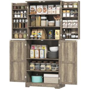 72" Farmhouse Kitchen Pantry Cabinet, Freestanding Tall Storage Cabinet with 4 Barn Doors, 4 Adjustable Shelves and 8 Door Shelves, Gray Wash