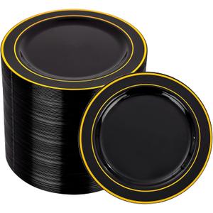 bUCLA 100PCS Black and Gold Plastic Plates - 6.25 inch Black Gold Premium Hard Disposable Dessert/Salad/Appetizer/Small Cake Plates for Party, Graduation & New year