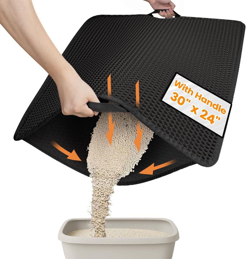Cat Litter Mat-30"X24" Large Litter BoxTrapping Mat for Kitty EVA Honeycomb Double Layer Design, Urine & Waterproof with Handle Design Easier to Clean, Washable, Black