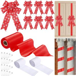 Suncalla 6 Pcs Christmas Cabinet Ribbons Bow Decor Xmas Door Ribbon Cabinet Bow with 20m Satin Ribbons 30 Pins 2 Roll Hook and Loops for DIY Christmas Cabinets Kitchen Tree Party Supply(Snowflake)
