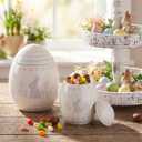 2 Pcs Easter Egg Candy Jar with Lid 7.87" 5.91" Ceramic Egg Shaped Easter Cookie Jar Bunny Decorative Food Storage Canister Cute Spring Decor Birthday Party Favors Gift for Home Table Decor