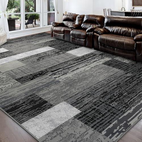 FlyDOIT Modern Geometric Patchwork Area Rug, 9x12 Grey Large Rugs for Living Room, Rockwood Collection Indoor Rugs for Bedroom, Throw Carpet Floor Decor for Entryway Dining Room Office Nursery