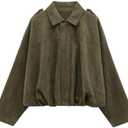 WOWULOVELY Women's Faux Suede Bomber Jacket Lapel Pilot Pocket Coat Casual Oversized Long Dolman Sleeves Trendy Streetwear Small