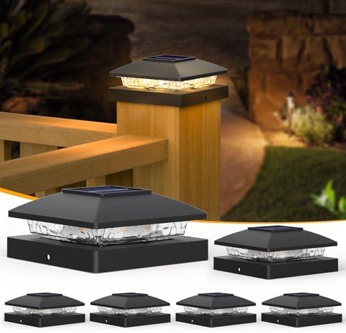 APONUO Solar Post Cap Lights for 4x4 Posts, Bright Warm White LED Post Cap Lights Solar Powered, IP64 Waterproof & All-Night Lighting, Black 6 Pack – Deck, Fence, Patio Light (Easy Install)