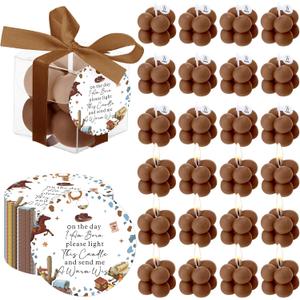 MTLEE 24 Sets Cowboy Baby Shower Favors Small Bubble Candle Baby Shower Favors for Guests Tea Candles Bulk with Stylish Ribbons Cards Gifts Party Decorations (Brown, Cowboy)