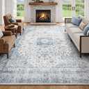 FMFUNCTEX 6x9 Blue Washable Area Rug Vintage Distressed Oriental Non Slip Low Pile Neutral Indoor Carpet for Living Room Bedroom Soft Retro Floral Thin Large Rug for Dining Nursery Office Dorm