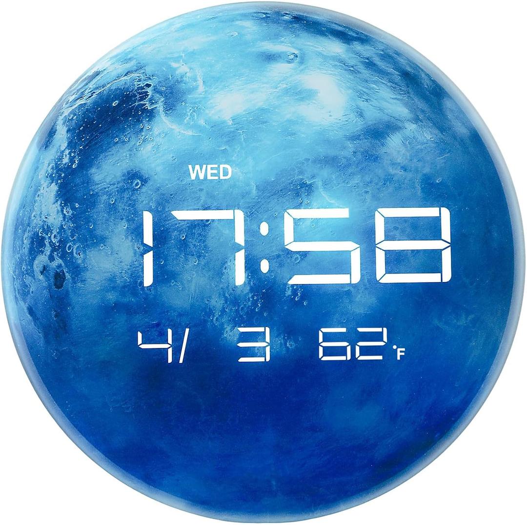 13" Digital Wall Clock with LED Display, Calendar & Temperature, Automatic Dimming, 12/24hr Format, Wall & Desk Use - HUI-7862 (Uranus)