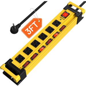 Power Strip Surge Protector 2700J with Individual Switches and Flat Plug, 3FT Heavy Duty Cord 6 Wide Spaced Outlet Mountable Metal Power Strips with Cord Manager and Hanger