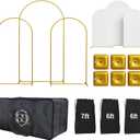 Metal Arch Backdrop Stand and Cover Set  3 Gold Frames (7.2ft, 6ft x2) with White Wrinkle-Free Spandex Covers, Water Weights, Bags & Case  Wedding, Birthday, Baby Shower, Party Decor