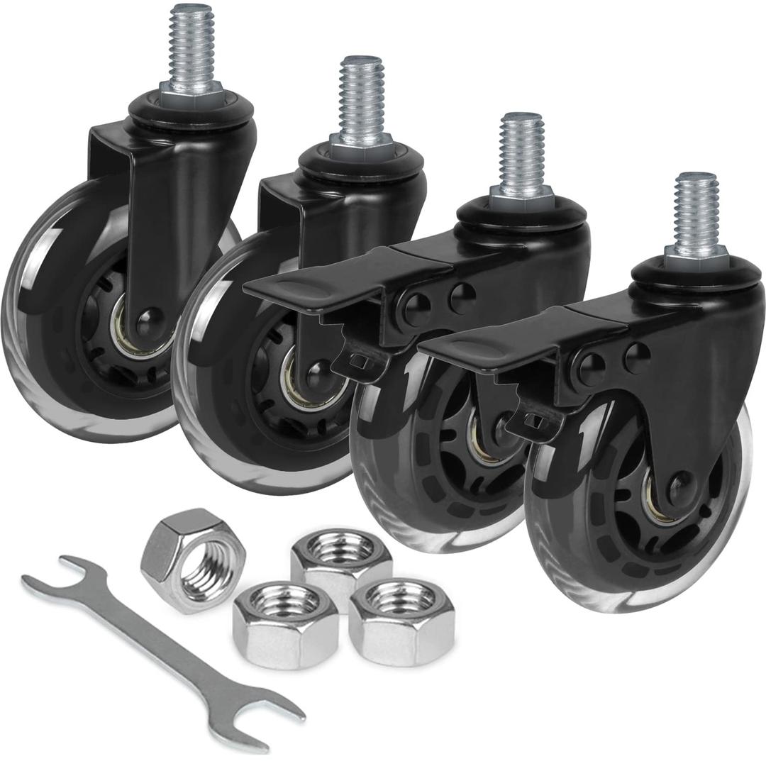 8T8 3 Inch Rubber Caster Wheels Heavy Duty with 2 Brakes, 1/2''-13 x 1" Threaded Stem Casters Set of 4 (Screw Diameter 1/2", Length 1"), Quiet and Smooth Rolling Castors for Furniture Hardwood Floors