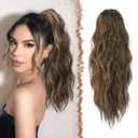 FESHFEN Ponytail Extensions - Drawstring Ponytails Hair Extension Long Curly Wavy Hair Piece Synthetic Pony Tail Hairpieces for Women, Black Brown Mix Golden Blond 18 inch