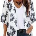 Women's Floral Print Puff Sleeve Kimono Cardigans Chiffon Casual Loose Open Front Cover Tops Cardigan Blouse (Medium)