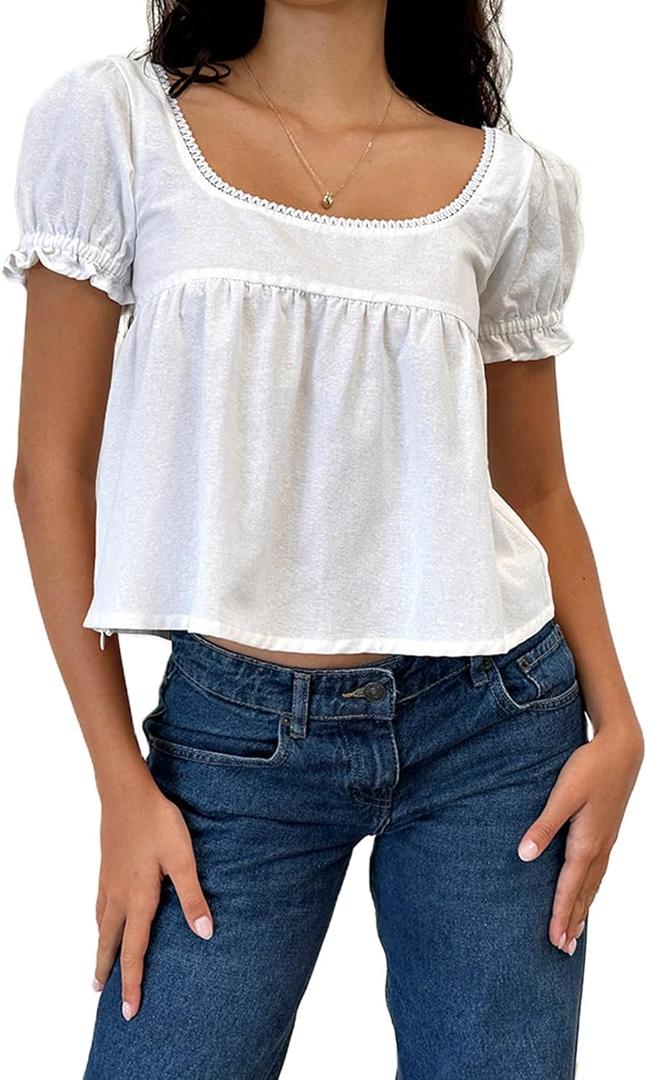 Mxiqqpltky Lace Trim Crop Tops for Women Y2k Fairy Grunge Tee Tops Cap Sleeve Low Cut Slim Fit Aesthetic Babydoll Tee Shirt (White, S)