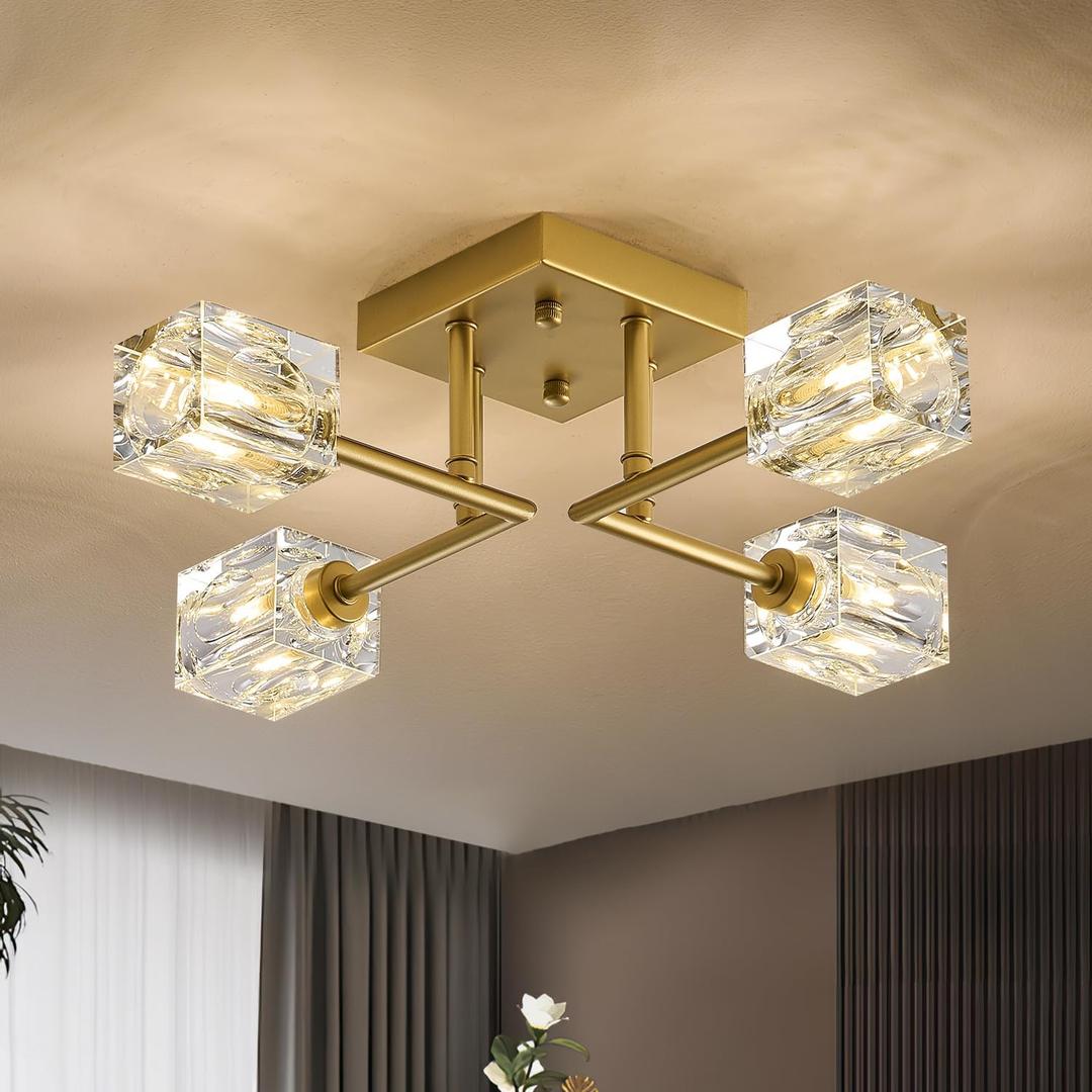 Modern Gold Sputnik Chandeliers 4-Light Crystal Semi Flush Mount Ceiling Light Fixture Industrial 18" Chandelier for Hallway Entryway Kitchen Bedroom Dining Room