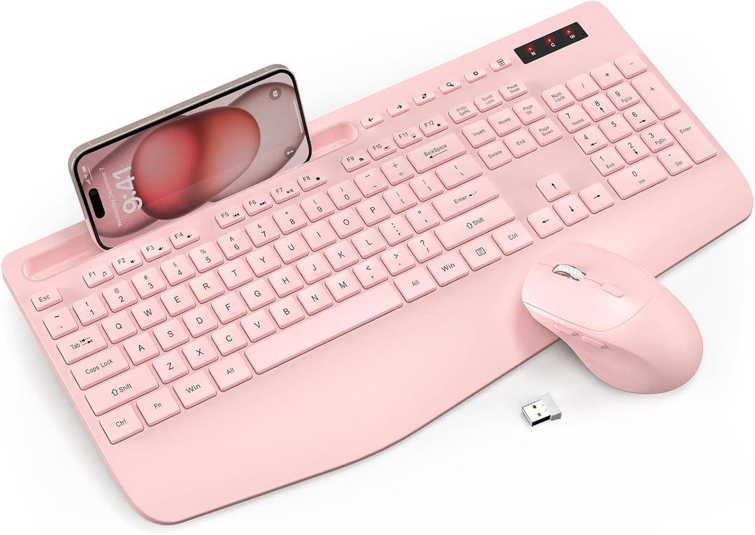 Wireless Keyboard and Mouse Combo - Full-Sized Ergonomic Keyboard with Wrist Rest, Phone Holder, Sleep Mode, Silent 2.4GHz Cordless Keyboard Mouse Combo for Computer, PC, Laptop, Mac, Windows -Trueque (1 PACK, Light Pink)