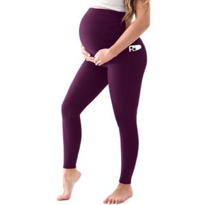 Walifrey Women's Maternity Leggings with Pockets Over The Belly,Pregnancy Yoga Pants Activewear Workout Leggings (Large, Purple)