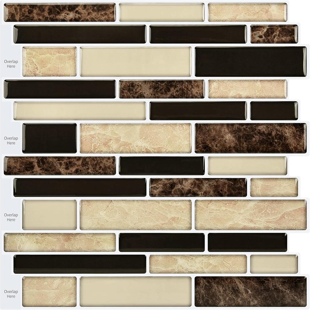 LONGKING 10-Sheet Brown Peel and Stick Backsplash Tile for Kitchen, Vinyl 3D Self-Adhesive Tile Stickers for Kitchen, Bathroom, Counter Top