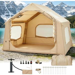 Inflatable Camping Tent for 3-5 Person, Quick Setup Blow Up Tent with Hand Pump, 210D Oxford Air Glamping Tents with Skylight & Stove Jack, 4 Season for Outdoor Camping, Beach, Hiking, 10.5ft x 8.2ft
