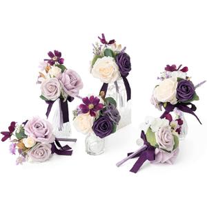 Ling's moment Lilac Wedding Flowers Mini Bridesmaid Bouquets Set of 6 Light Purple Pre-Made Small Floral Lavender Rose Wedding Centerpieces - Lilac & Gold