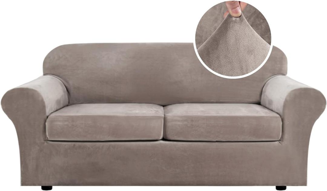 H.VERSAILTEX Real Velvet Plush 3 Piece Stretch Sofa Covers Couch Covers for 2 Cushion Couch Sofa Slipcovers Width Up to 90 Inch Feature Thick Soft Stay in Place (Large Sofa, Taupe)
